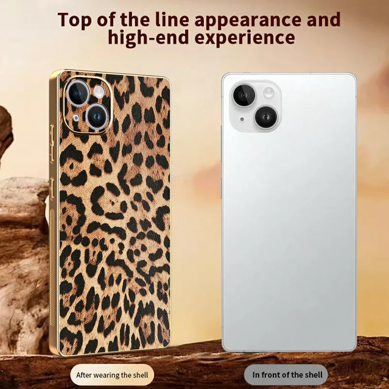 Funda de iPhone 14 con Estampado de Leopardo, Cuero PU Revestido con PC + TPU, Carcasa Electrodepositada