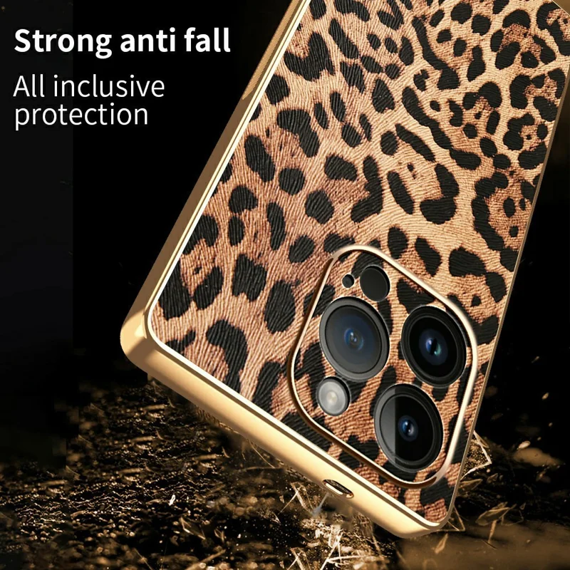 Cover per iPhone 14 Pro con Stampa Leopardata in Pelle PU Rivestita con PC + TPU con Finitura Elettroplaccata