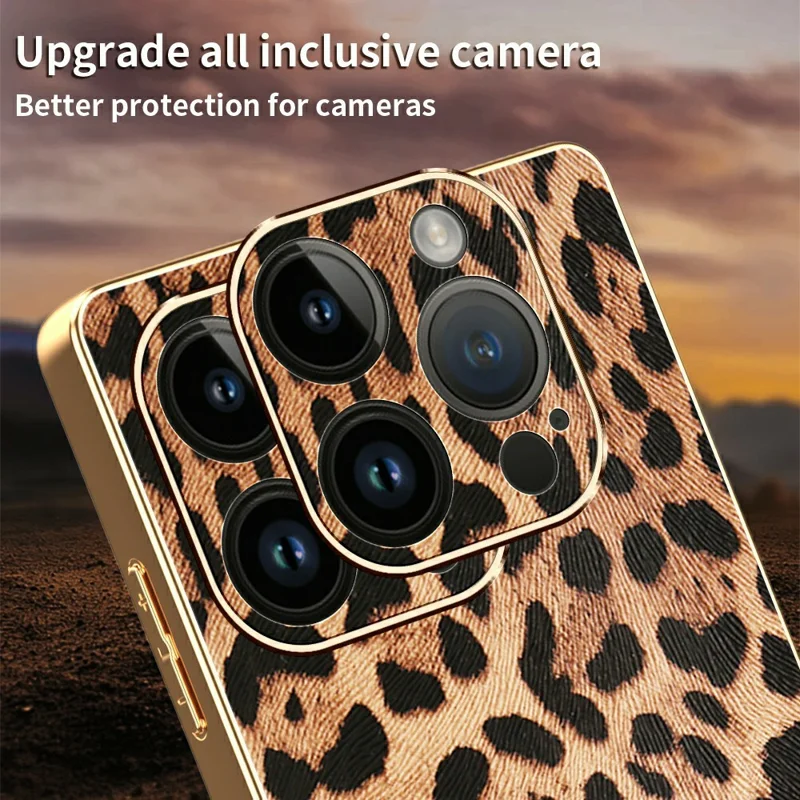 Cover per iPhone 14 Pro con Stampa Leopardata in Pelle PU Rivestita con PC + TPU con Finitura Elettroplaccata