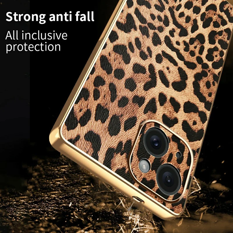 Étui pour iPhone 15 Imprimé Léopard Cuir PU Revêtu PC + TPU Coque de Téléphone Électrolytique