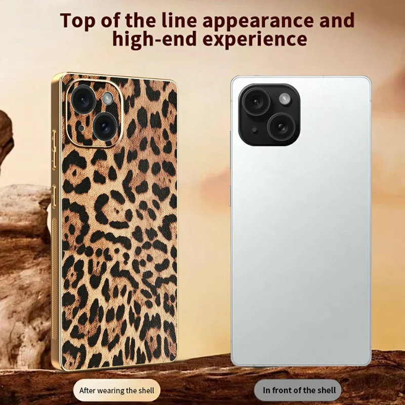 Étui pour iPhone 15 Imprimé Léopard Cuir PU Revêtu PC + TPU Coque de Téléphone Électrolytique