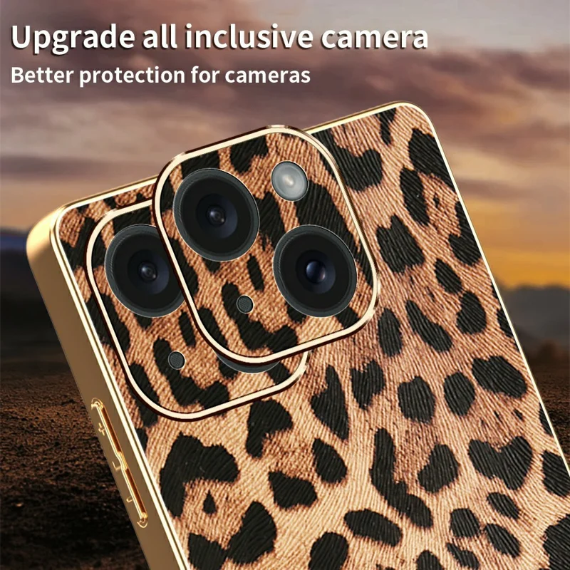 Étui pour iPhone 15 Imprimé Léopard Cuir PU Revêtu PC + TPU Coque de Téléphone Électrolytique