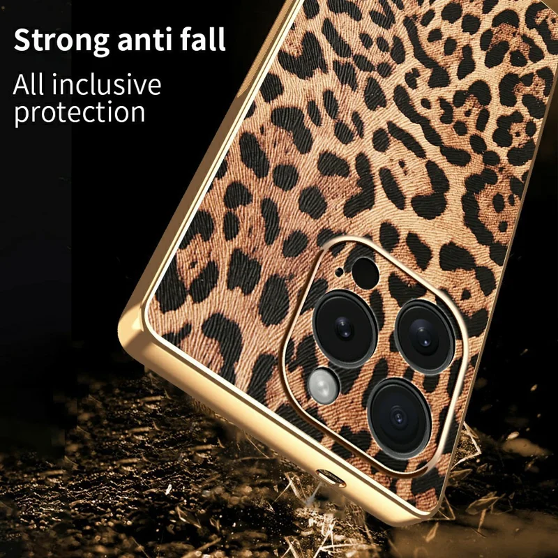 Чехол для iPhone 15 Pro с леопардовым принтом, покрытый искусственной кожей, ПК + ТПУ с электрофоретическим покрытием