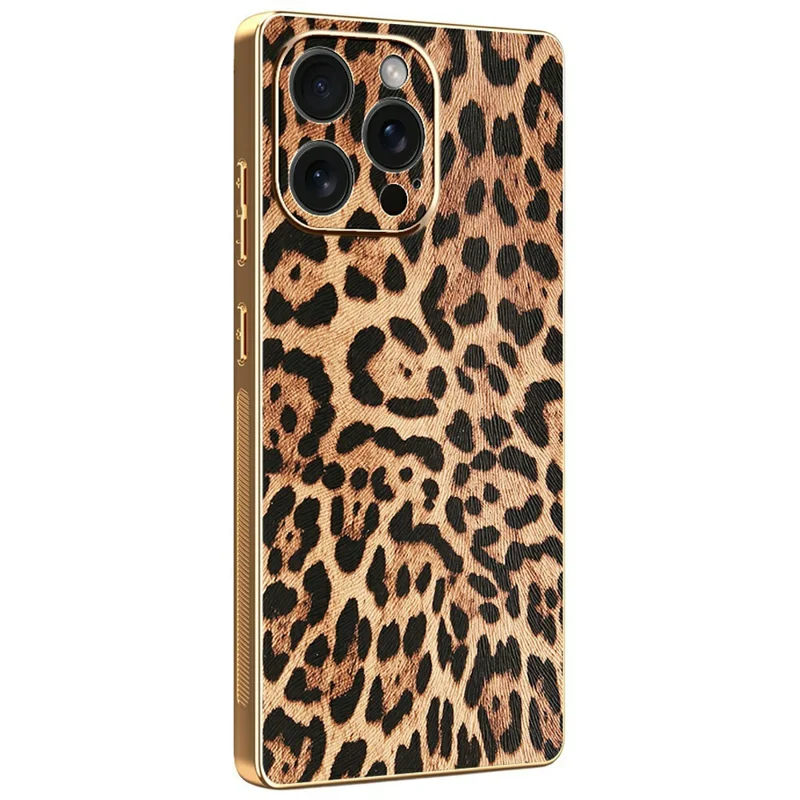 Capa para iPhone 15 Pro Max Estampa de Leopardo Couro PU Revestido em PC + TPU com Acabamento Eletrolítico