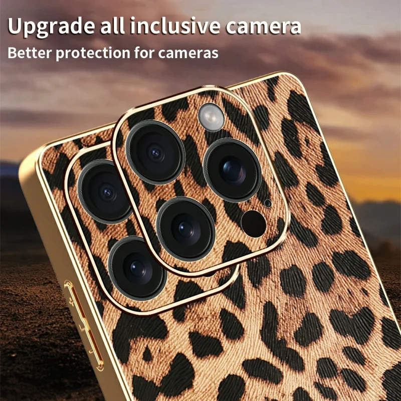 Capa para iPhone 15 Pro Max Estampa de Leopardo Couro PU Revestido em PC + TPU com Acabamento Eletrolítico