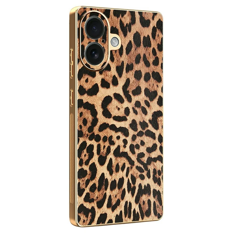Étui pour iPhone 16 Imprimé léopard Revêtement en cuir PU PC + TPU Étui de téléphone électrolytique
