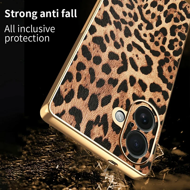 Étui pour iPhone 16 Imprimé léopard Revêtement en cuir PU PC + TPU Étui de téléphone électrolytique