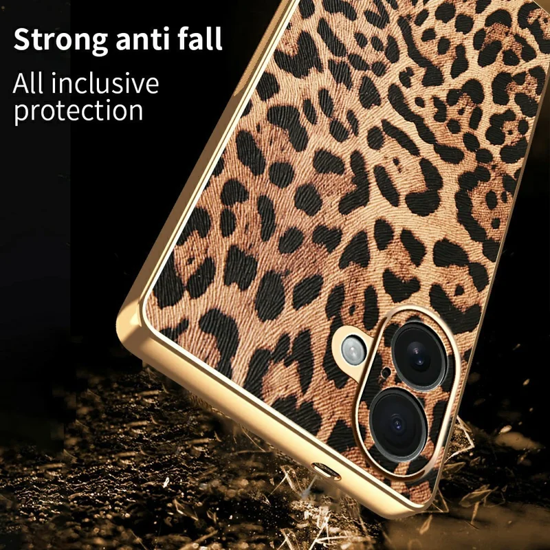Für iPhone 16 Plus Hülle Leoparden-Print PU-Leder beschichtete PC + TPU Elektrolytische Handyhülle