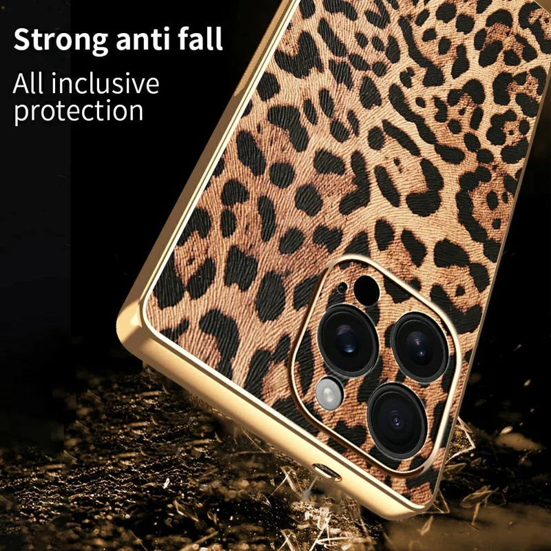 Für iPhone 16 Pro Max Hülle Leoparden-Print PU-Leder beschichtete PC + TPU Elektrolytische Handyhülle