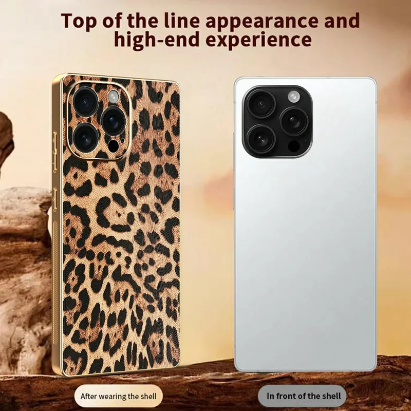 Für iPhone 16 Pro Max Hülle Leoparden-Print PU-Leder beschichtete PC + TPU Elektrolytische Handyhülle