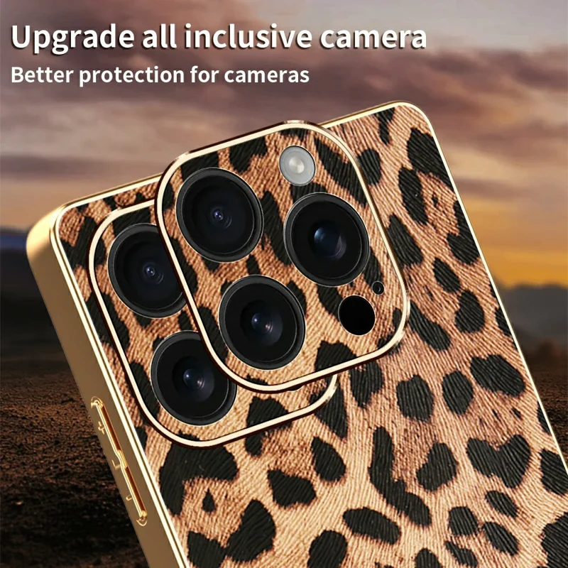 Für iPhone 16 Pro Max Hülle Leoparden-Print PU-Leder beschichtete PC + TPU Elektrolytische Handyhülle