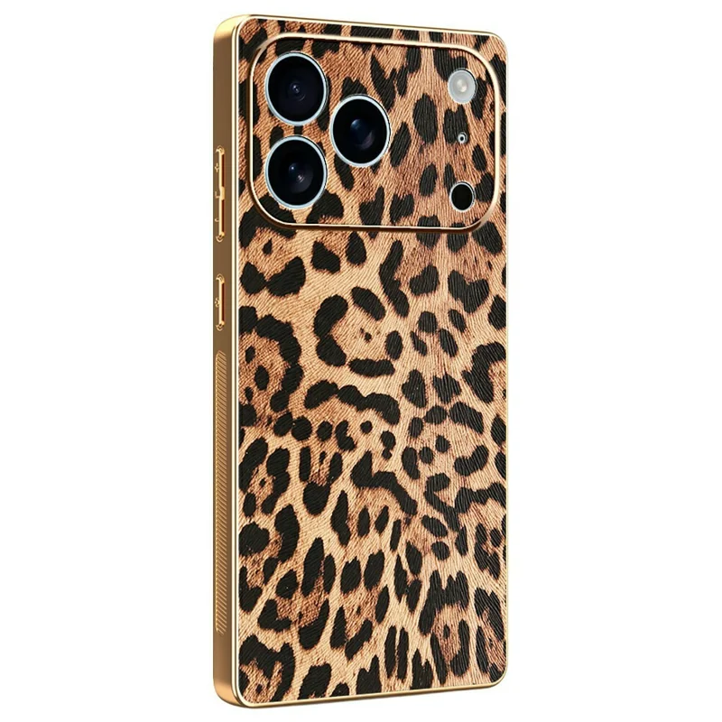 For iPhone 17 Pro Case Leopard Print PU Leather Coated PC + TPU Electroplating Phone Cover