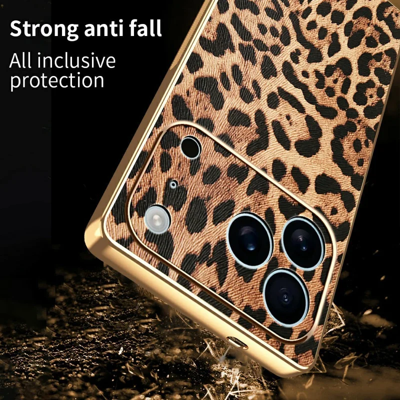 For iPhone 17 Pro Case Leopard Print PU Leather Coated PC + TPU Electroplating Phone Cover