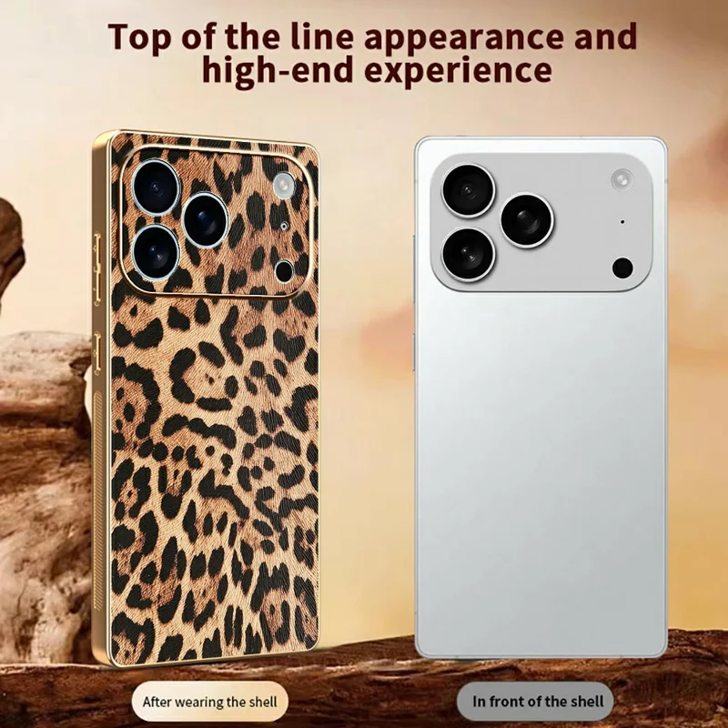 For iPhone 17 Pro Case Leopard Print PU Leather Coated PC + TPU Electroplating Phone Cover