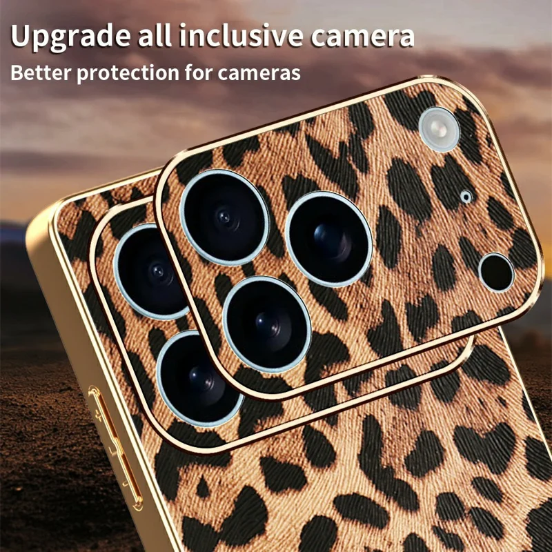 For iPhone 17 Pro Case Leopard Print PU Leather Coated PC + TPU Electroplating Phone Cover