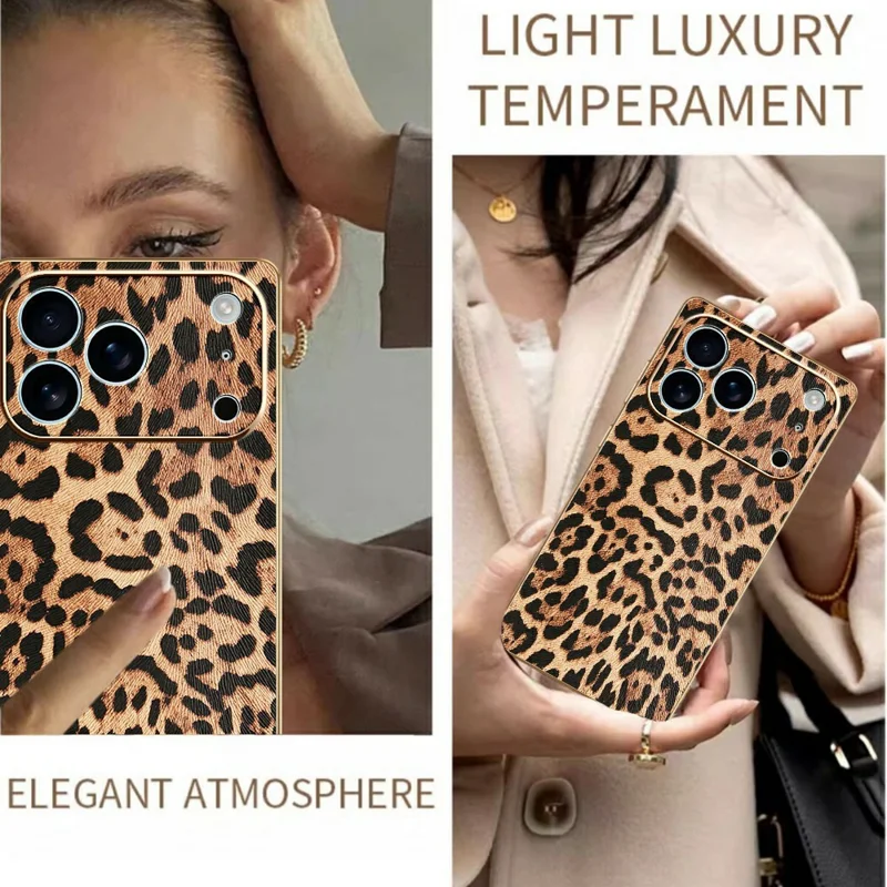 For iPhone 17 Pro Case Leopard Print PU Leather Coated PC + TPU Electroplating Phone Cover