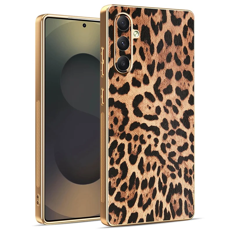 For Samsung Galaxy A34 5G Case Leopard Print PU Leather Coated PC + TPU Electroplating Phone Cover