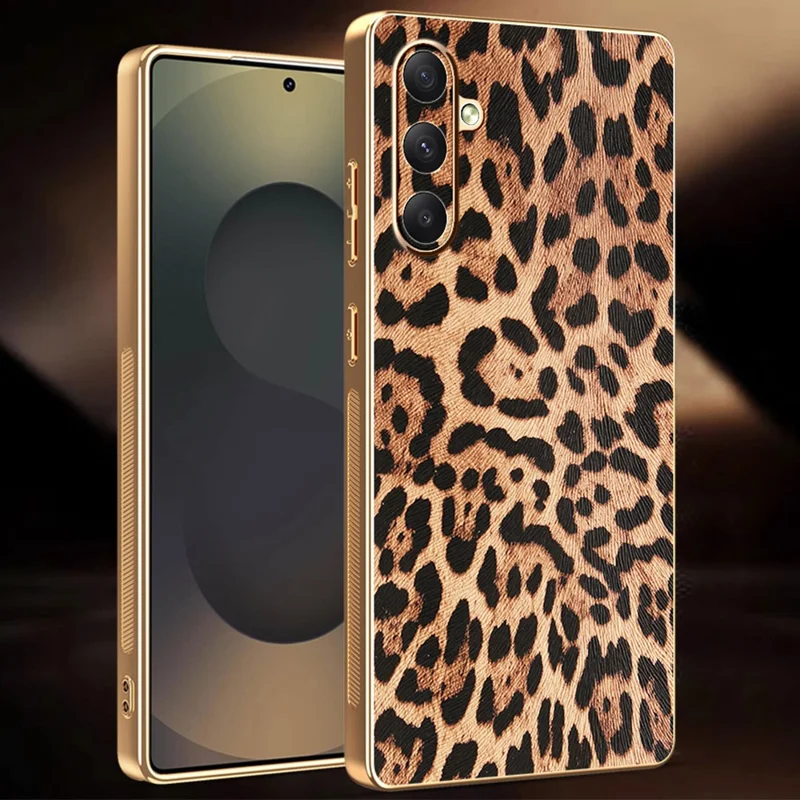For Samsung Galaxy A34 5G Case Leopard Print PU Leather Coated PC + TPU Electroplating Phone Cover