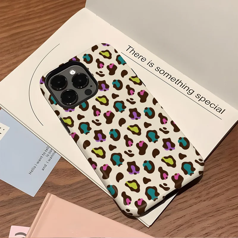 For iPhone 16 Pro Max Case Pattern Design TPU PC Heat Transfer Glossy Phone Cover - Colored Leopard