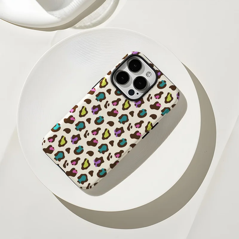 For iPhone 16 Pro Max Case Pattern Design TPU PC Heat Transfer Glossy Phone Cover - Colored Leopard