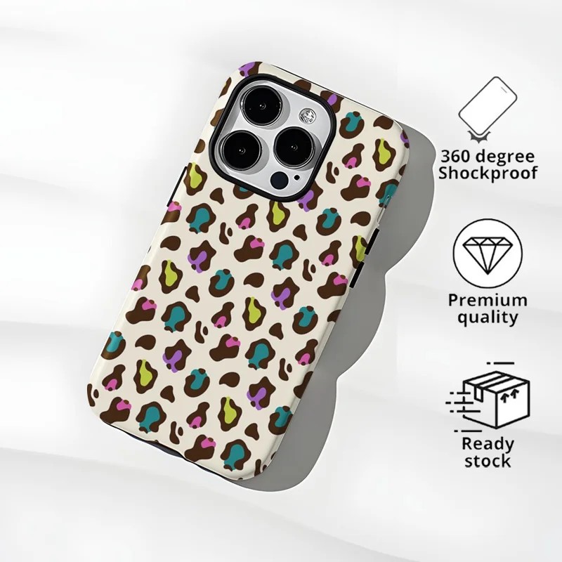 For iPhone 16 Pro Max Case Pattern Design TPU PC Heat Transfer Glossy Phone Cover - Colored Leopard