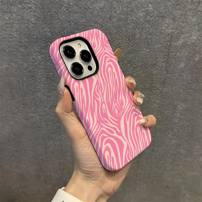 For iPhone 16 Pro Max Case Pattern Design TPU PC Heat Transfer Glossy Phone Cover - Pink Zebra Stripe