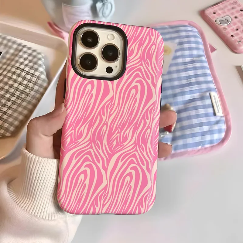 For iPhone 16 Pro Max Case Pattern Design TPU PC Heat Transfer Glossy Phone Cover - Pink Zebra Stripe