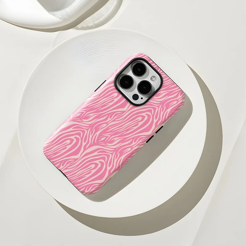 For iPhone 16 Pro Max Case Pattern Design TPU PC Heat Transfer Glossy Phone Cover - Pink Zebra Stripe