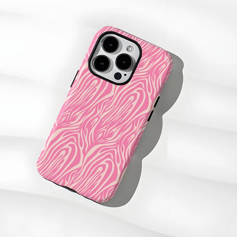 For iPhone 16 Pro Max Case Pattern Design TPU PC Heat Transfer Glossy Phone Cover - Pink Zebra Stripe