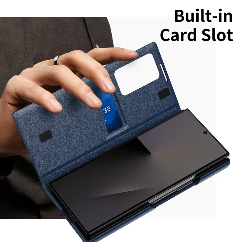For Samsung Galaxy Z Fold7 5G Case with Card Holder Smart View Window Leather Phone Cover - Sapphire