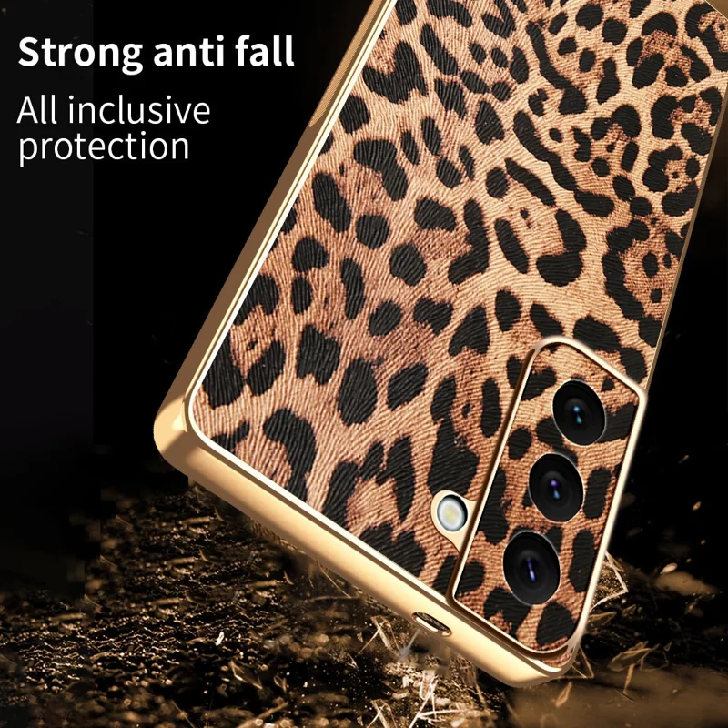 Für Samsung Galaxy S22 5G Hülle Leoparden-Muster PU-Leder überzogene TPU + PC Elektrolytische Handyhülle