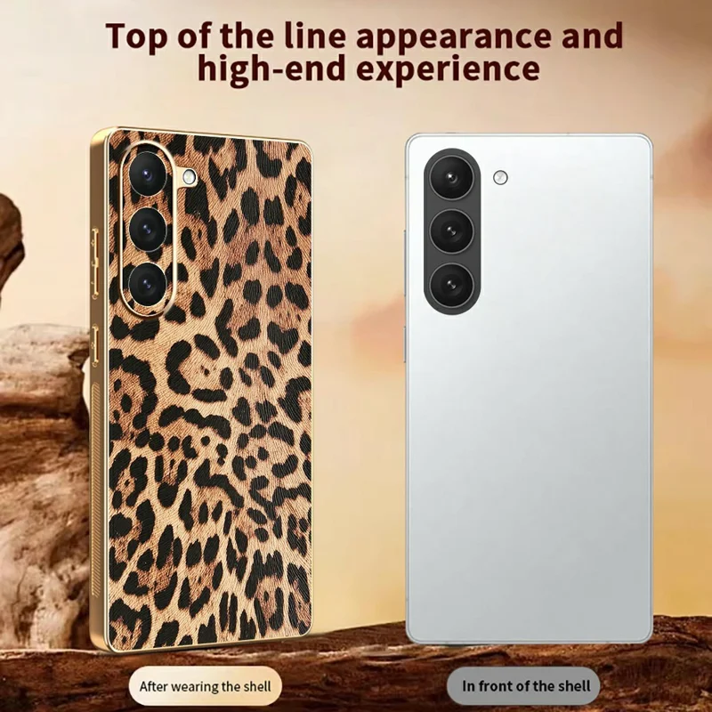 For Samsung Galaxy S23 Case Leopard Print PU Leather Coated PC + TPU Electroplating Phone Cover