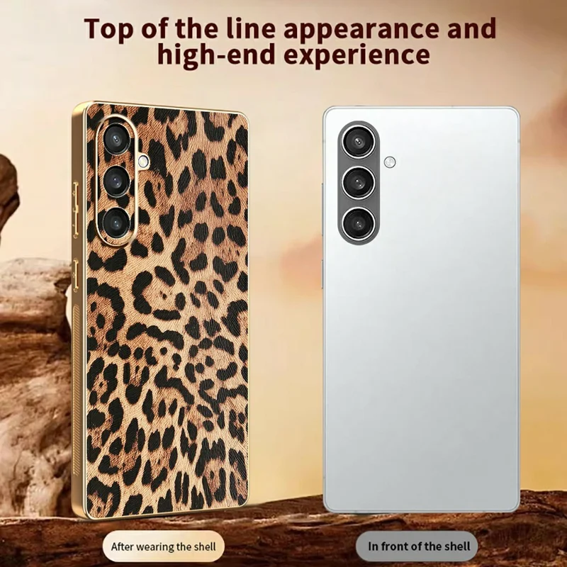 For Samsung Galaxy S23 FE Case Leopard Print PU Leather Coated PC + TPU Electroplating Phone Cover
