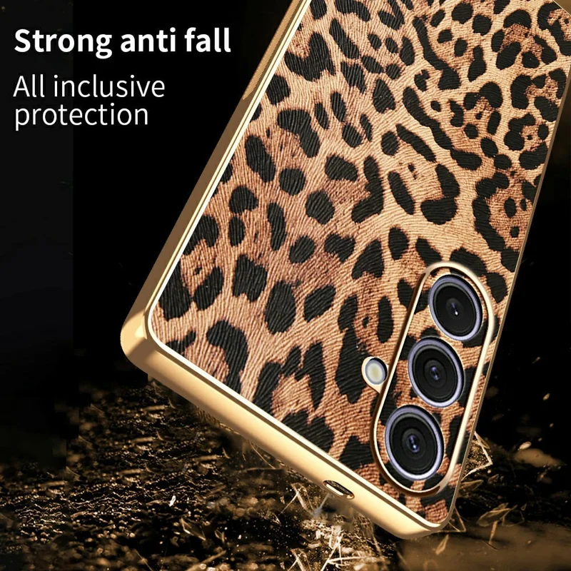 Für Samsung Galaxy S24+ Hülle Leopardenmuster PU-Leder beschichtetes TPU + PC Elektro-Beschichtung Handyhülle