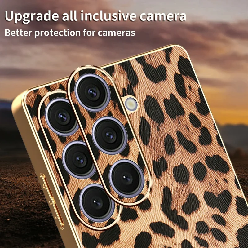 Für Samsung Galaxy S24+ Hülle Leopardenmuster PU-Leder beschichtetes TPU + PC Elektro-Beschichtung Handyhülle
