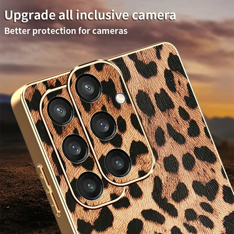 Funda para Samsung Galaxy S25 con Estampado de Leopardo, Cuero PU Revestido, TPU + PC, Carcasa Electrodepositada para Móvil