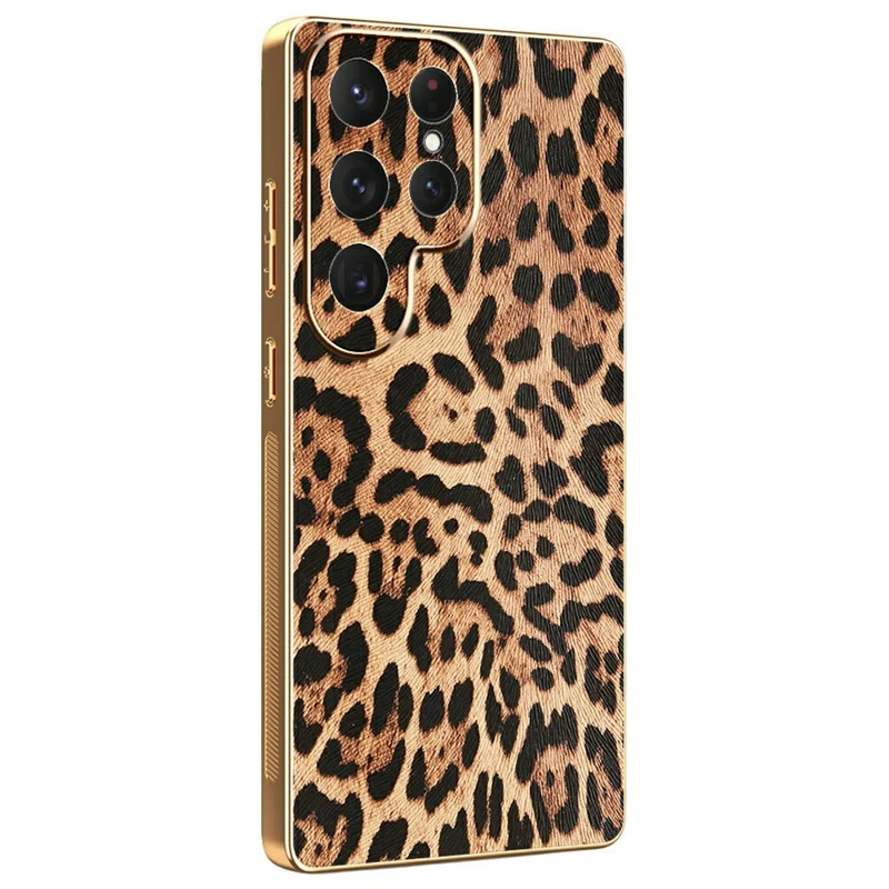 Funda para Samsung Galaxy S25 Ultra con Estampado de Leopardo, Cuero PU Revestido, TPU + PC, Carcasa Electrodepositada para Móvil