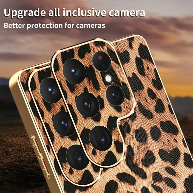 Funda para Samsung Galaxy S25 Ultra con Estampado de Leopardo, Cuero PU Revestido, TPU + PC, Carcasa Electrodepositada para Móvil