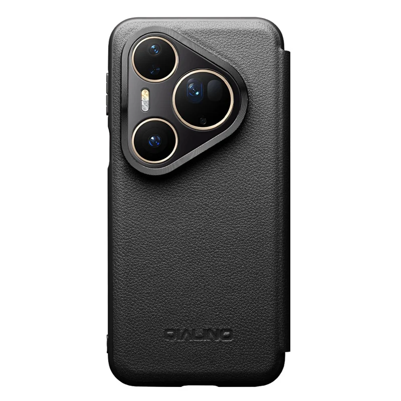 QIALINO pour Huawei Pura 80 Étui avec Fenêtre Vue Automatique Réveil / Veille en Cuir de Vache Véritable Housse de Téléphone Rabattable - Noir