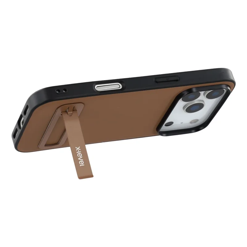 X-LEVEL Para iPhone 17 Pro Max Capa de Couro com Revestimento de PC e TPU, Suporte Metálico - Marrom