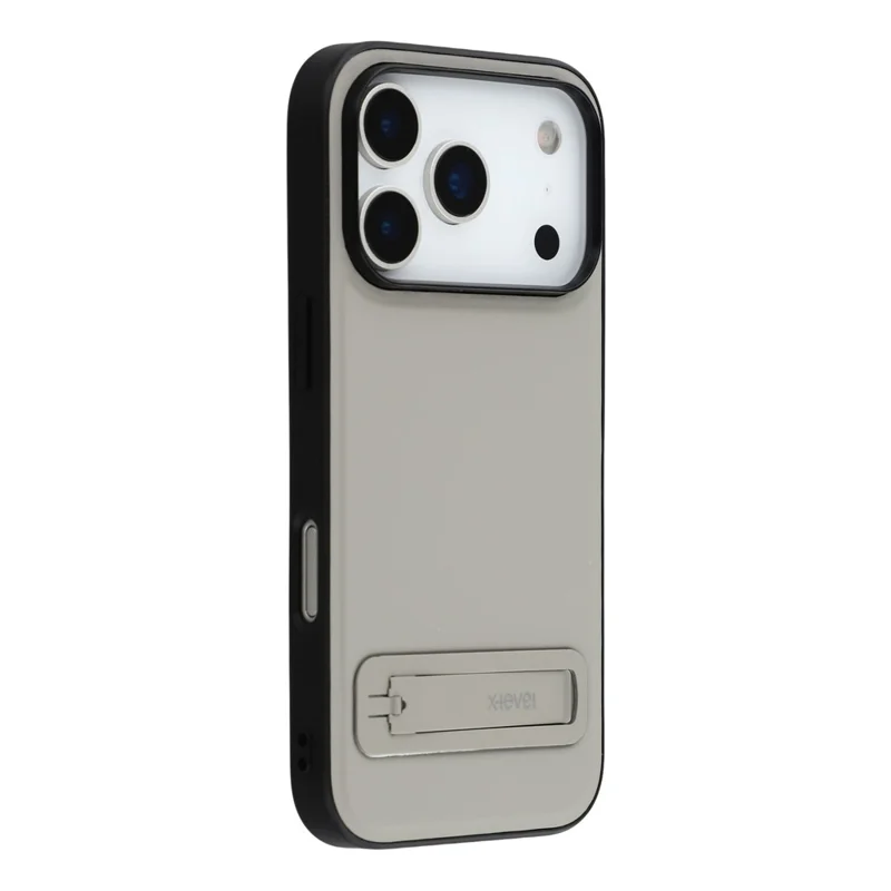X-LEVEL For iPhone 17 Pro Max Case Leather Coated PC TPU Phone Back Cover with Metal Kickstand - Grey