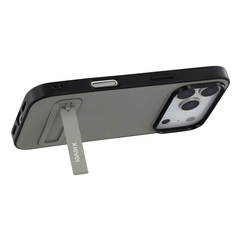 X-LEVEL For iPhone 17 Pro Max Case Leather Coated PC TPU Phone Back Cover with Metal Kickstand - Grey