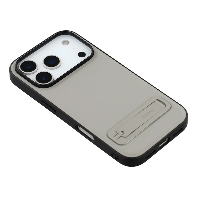 X-LEVEL For iPhone 17 Pro Max Case Leather Coated PC TPU Phone Back Cover with Metal Kickstand - Grey