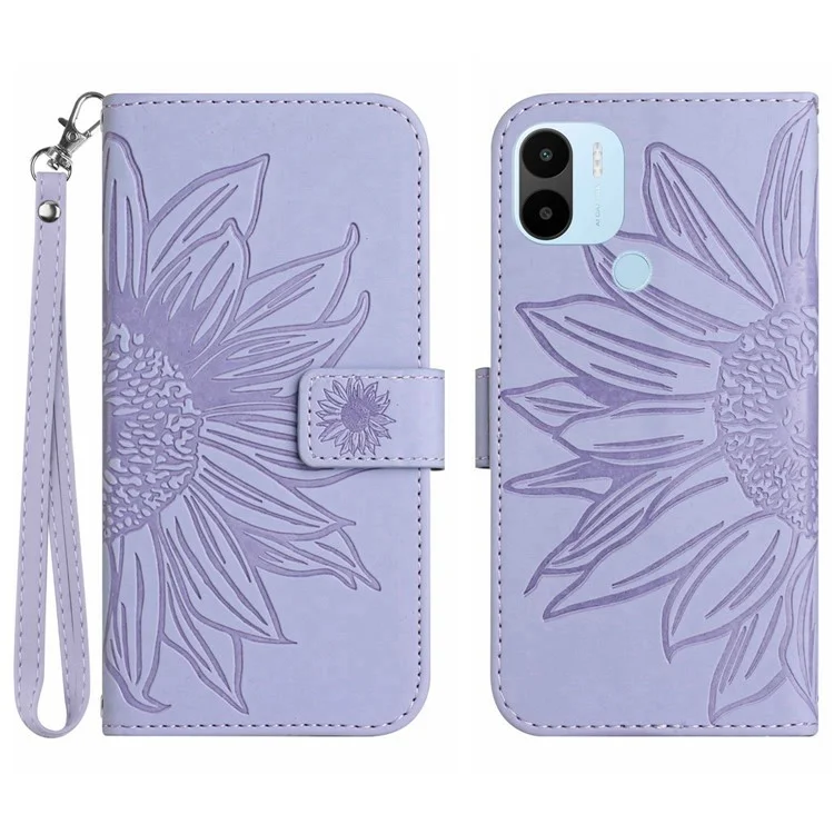 Für Xiaomi Redmi A1+ 4G Full Protection PU Leder Telefonabdeckung HT04 Eingeprägter Sonnenblumenhauthaut-touch Anti-scratch Phone Hülle Wallet Mit Handgurt - Helles Lila