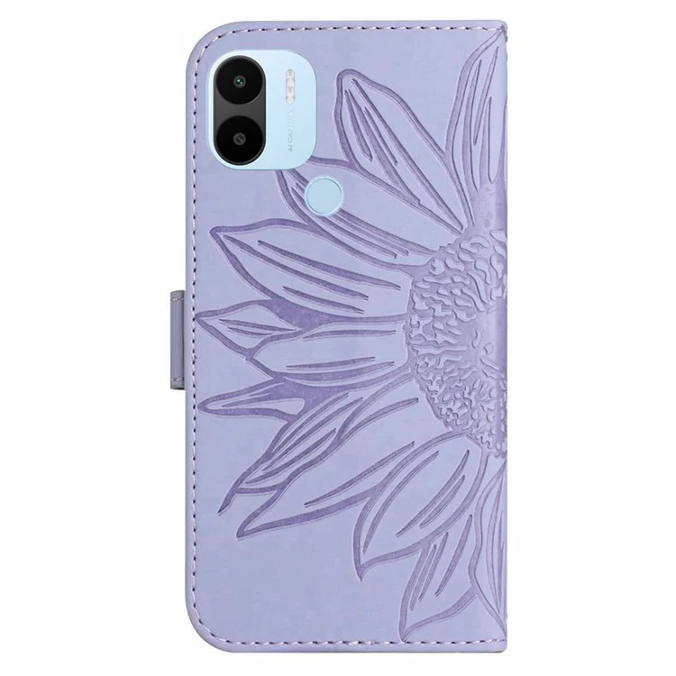 Für Xiaomi Redmi A1+ 4G Full Protection PU Leder Telefonabdeckung HT04 Eingeprägter Sonnenblumenhauthaut-touch Anti-scratch Phone Hülle Wallet Mit Handgurt - Helles Lila