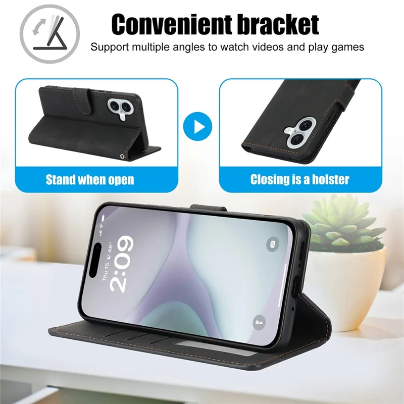 Cover per iPhone 17 in Pelle PU con Porta Carte e Supporto - Nero