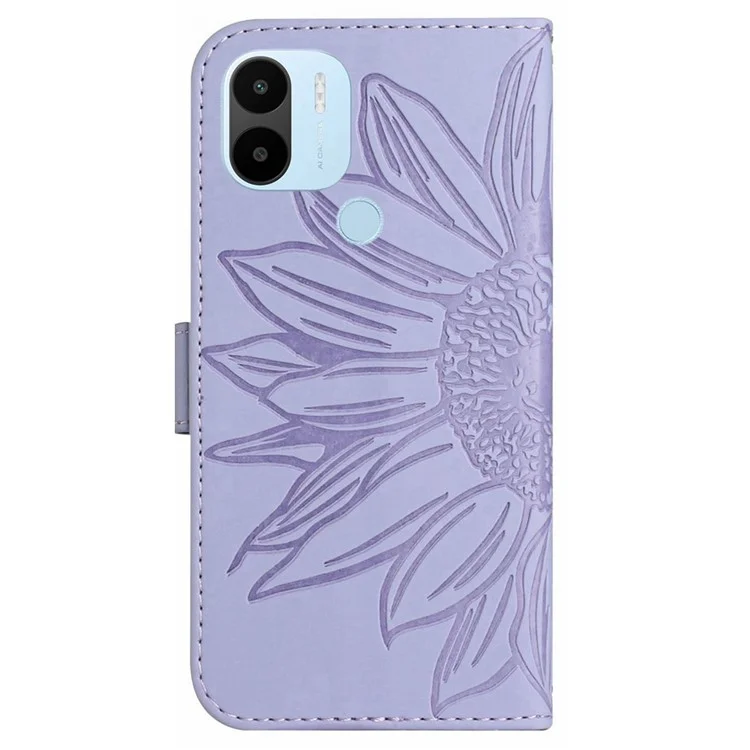Para Xiaomi Redmi A1+ 4G HT04 Case de Cuero de PU Impreso de Girasol Touch Touch Magnético Phone Phele-propage de Billetera Con Correa Para el Hombro - Púrpura Ligera