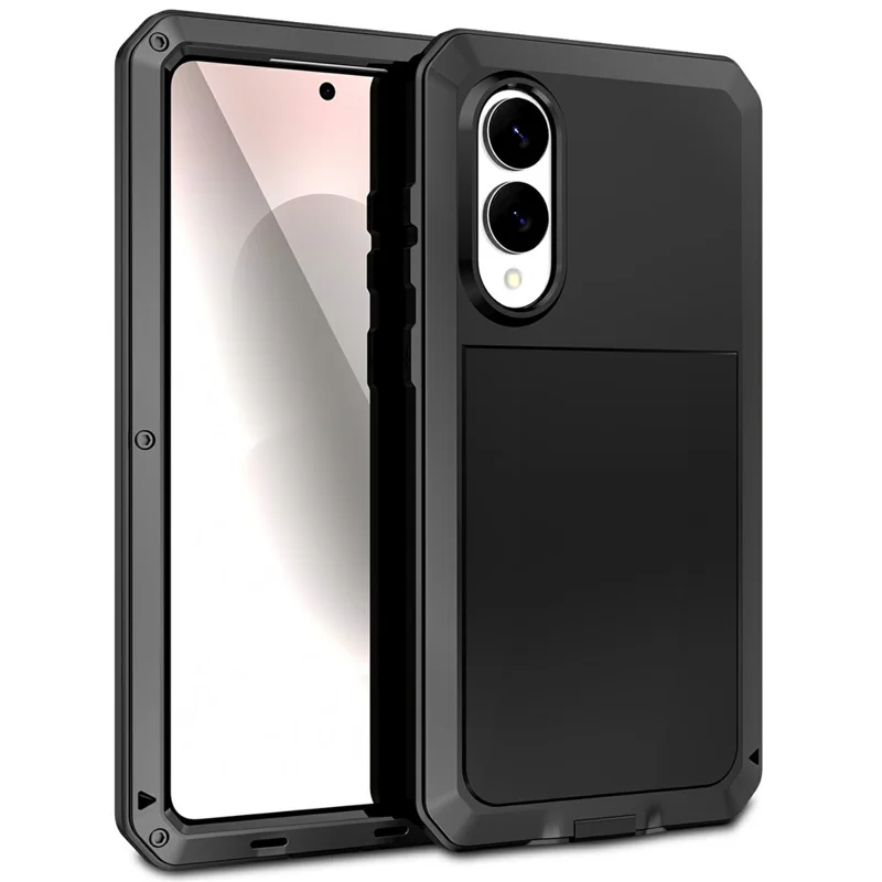 For Samsung Galaxy S25 Edge Case Silicone + Metal Phone Cover with Tempered Glass Screen Protector - Black