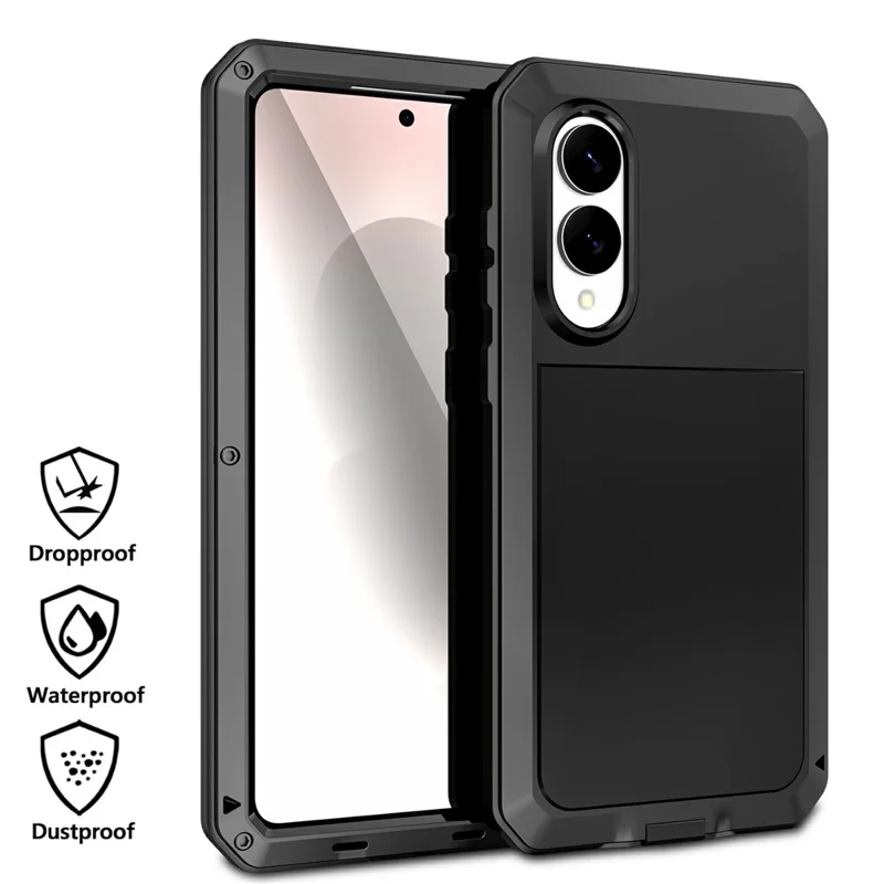 For Samsung Galaxy S25 Edge Case Silicone + Metal Phone Cover with Tempered Glass Screen Protector - Black