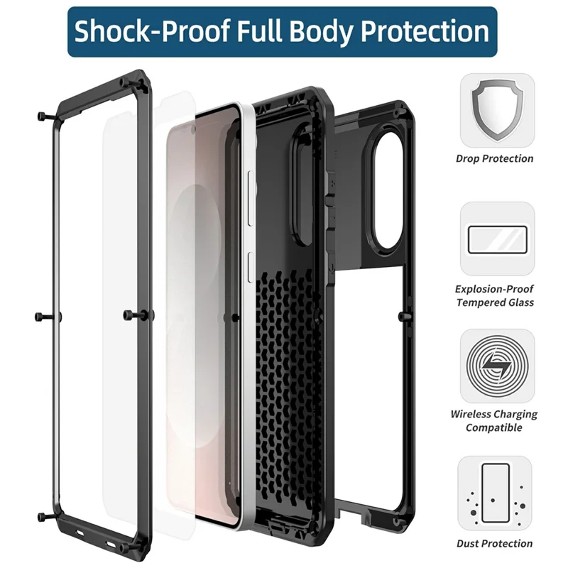 For Samsung Galaxy S25 Edge Case Silicone + Metal Phone Cover with Tempered Glass Screen Protector - Black